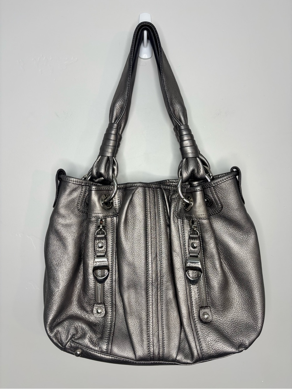 B. Makowsky Metallic Pewter Leather Shoulder Bag